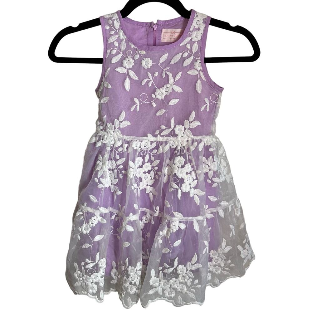 Think Pink Purple White Floral Lace Sheer Overlay Dress Girls Size 4